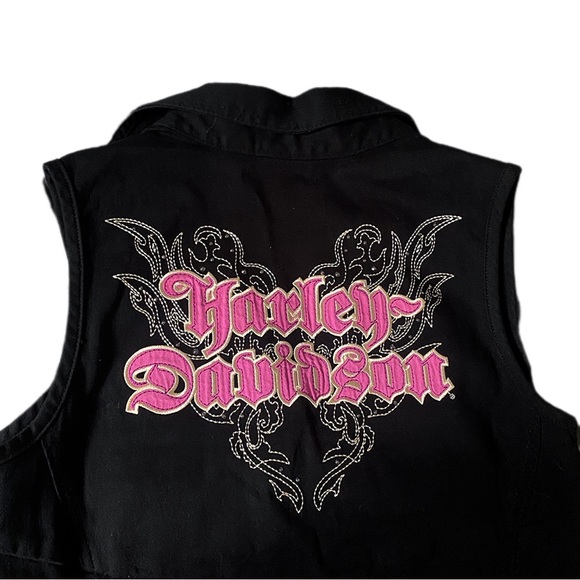 Harley-Davidson Y2K Zip-Up Corset Lace Vest Rhinestone Embroidered Pink Black- S - Picture 3 of 11